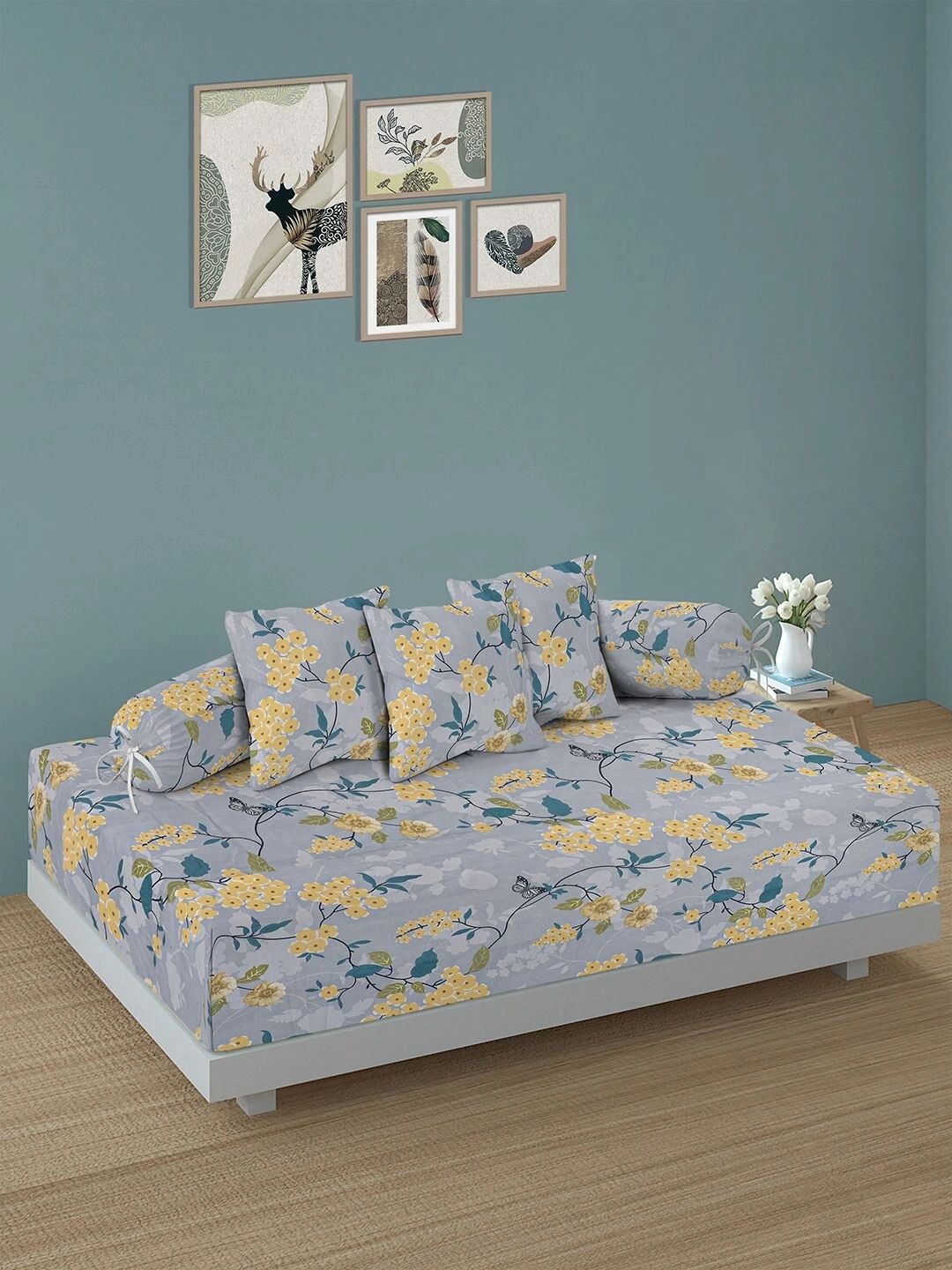 Myntra Elegant Homes 6-Pcs Blue Printed Bedsheet With Bolster & Cushion Covers-picture-25