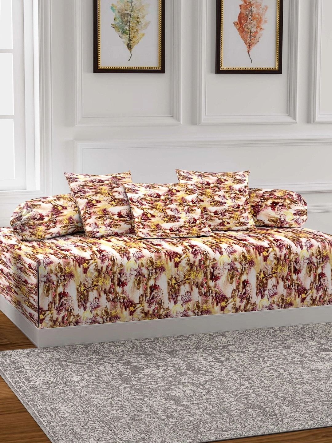 Myntra Elegant Homes 6-Pcs Cream & Brown Printed Bedsheet With Bolster & Cushion Covers-picture-26