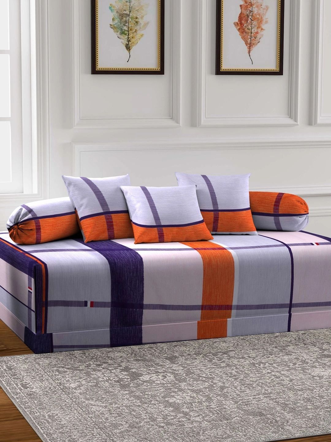 Myntra Elegant Homes 6-Pcs Blue & Orange Printed Bedsheet With Bolster & Cushion Covers-picture-35
