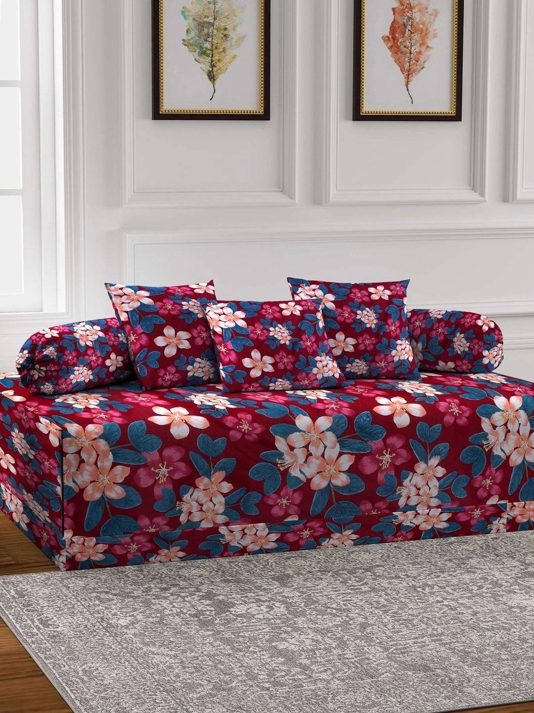 Myntra Elegant Homes 6-Pcs Red & Blue Printed Bedsheet With Bolster & Cushion Covers-picture-12