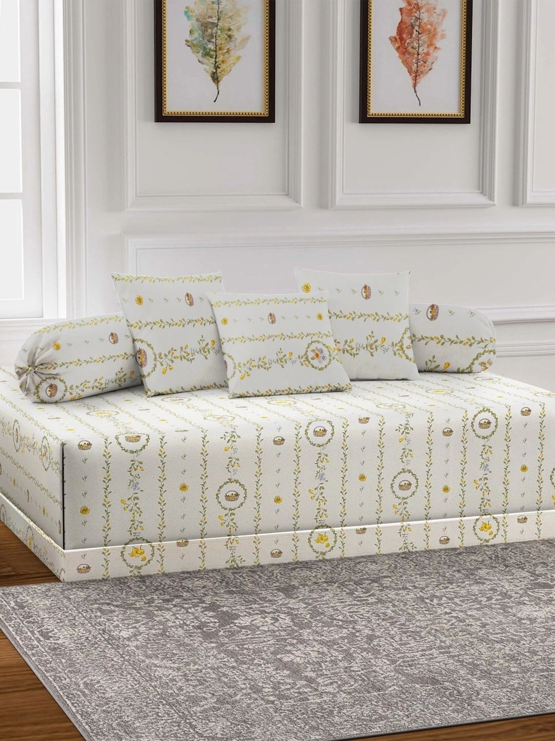 Myntra Elegant Homes 6-Pcs Cream Printed Bedsheet With Bolster & Cushion Covers-picture-23