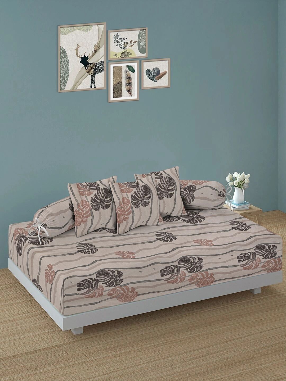 Myntra Elegant Homes 6-Pcs Cream Printed Bedsheet With Bolster & Cushion Covers-picture-10