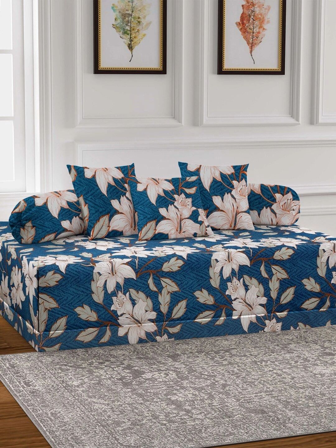 Myntra Elegant Homes 6-Pcs Blue Printed Bedsheet With Bolster & Cushion Covers-picture-30