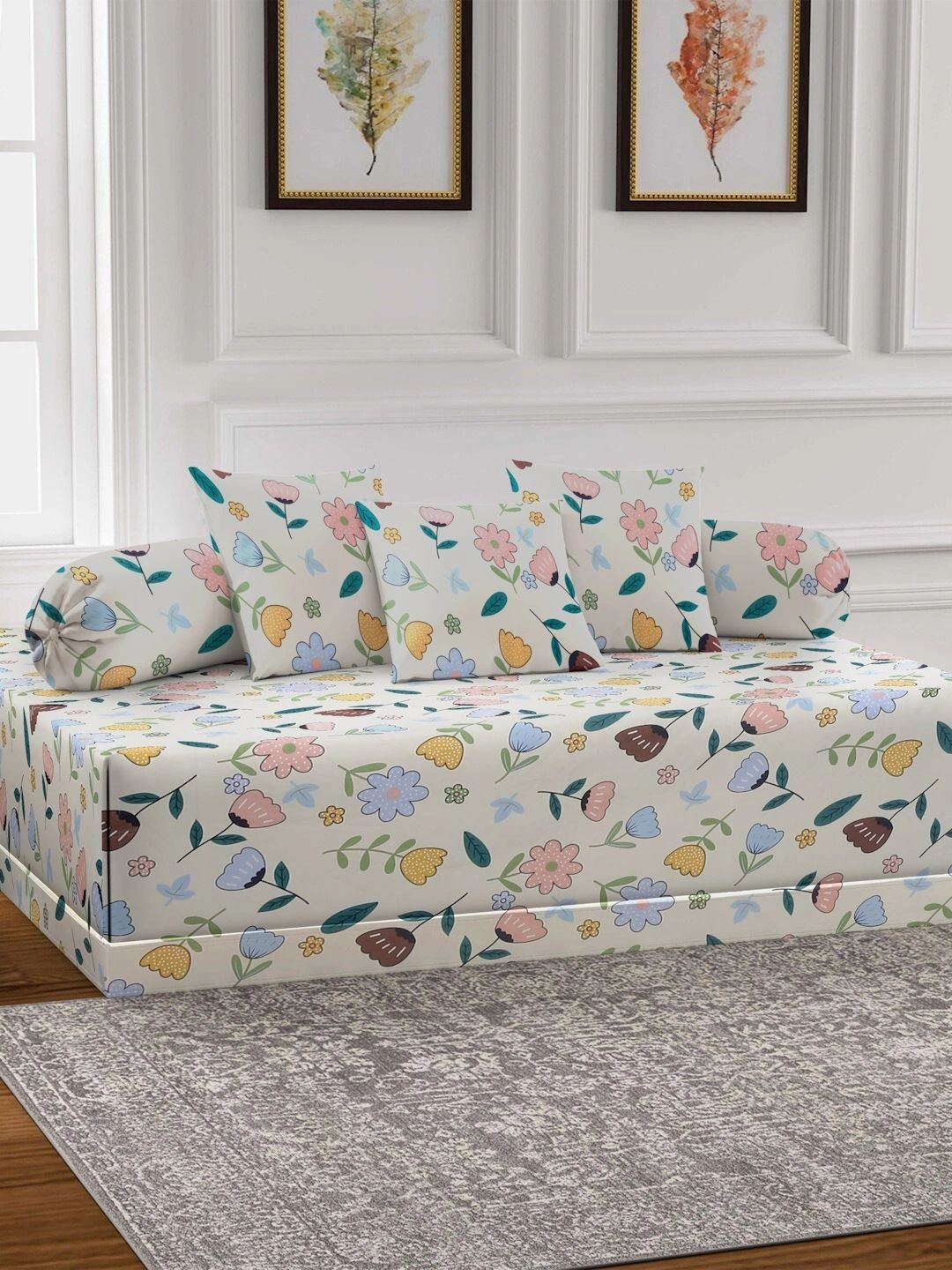 Myntra Elegant Homes 6-Pcs Cream Printed Bedsheet With Bolster & Cushion Covers-picture-22