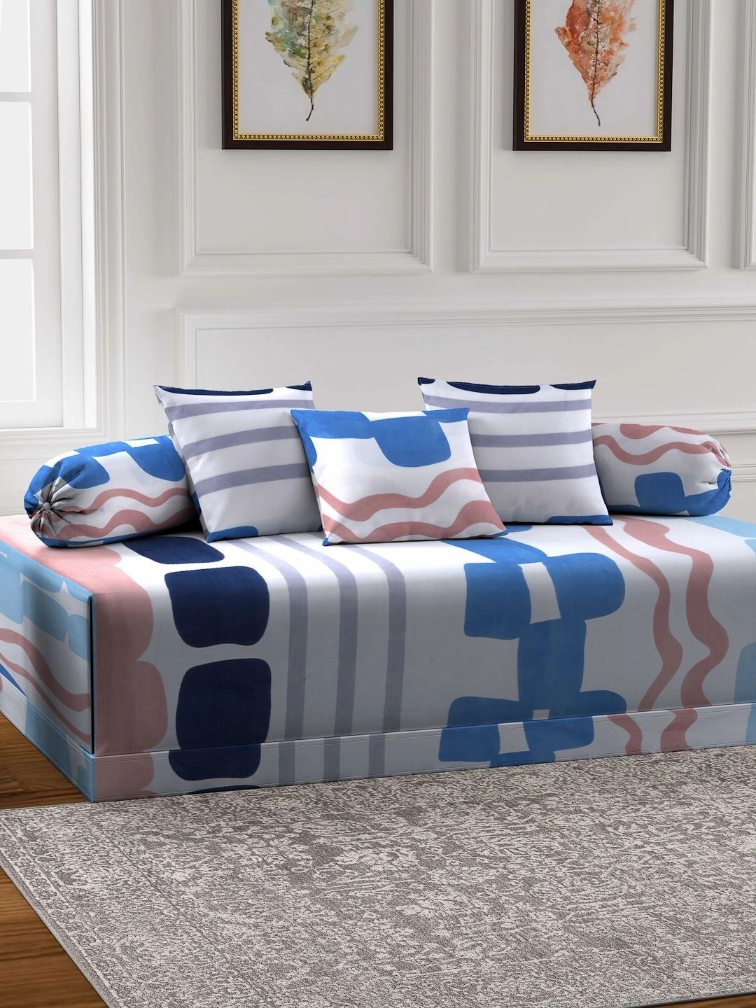 Myntra Elegant Homes 6-Pcs Grey & Blue Printed Bedsheet With Bolster & Cushion Covers-picture-31
