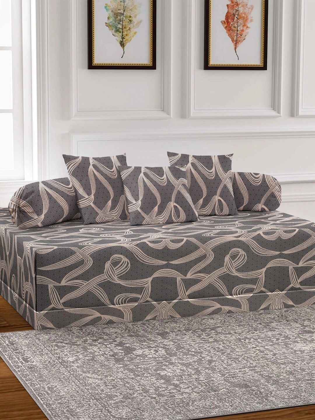 Myntra Elegant Homes 6-Pcs Grey Printed Bedsheet With Bolster & Cushion Covers-image-5