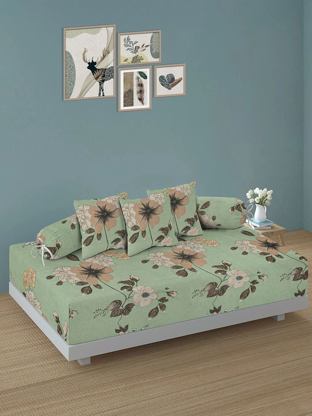 Myntra Elegant Homes 6-Pcs Green Printed Bedsheet With Bolster & Cushion Covers-picture-18
