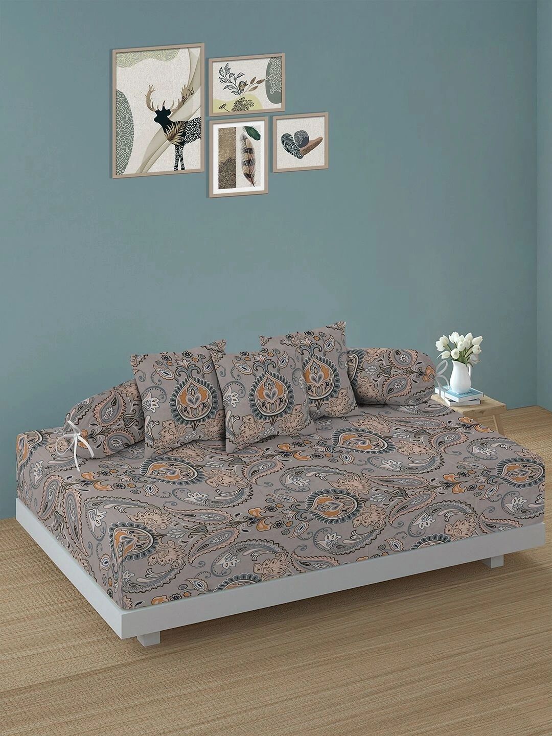 Myntra Elegant Homes 6-Pcs Beige Printed Bedsheet With Bolster & Cushion Covers-picture-46