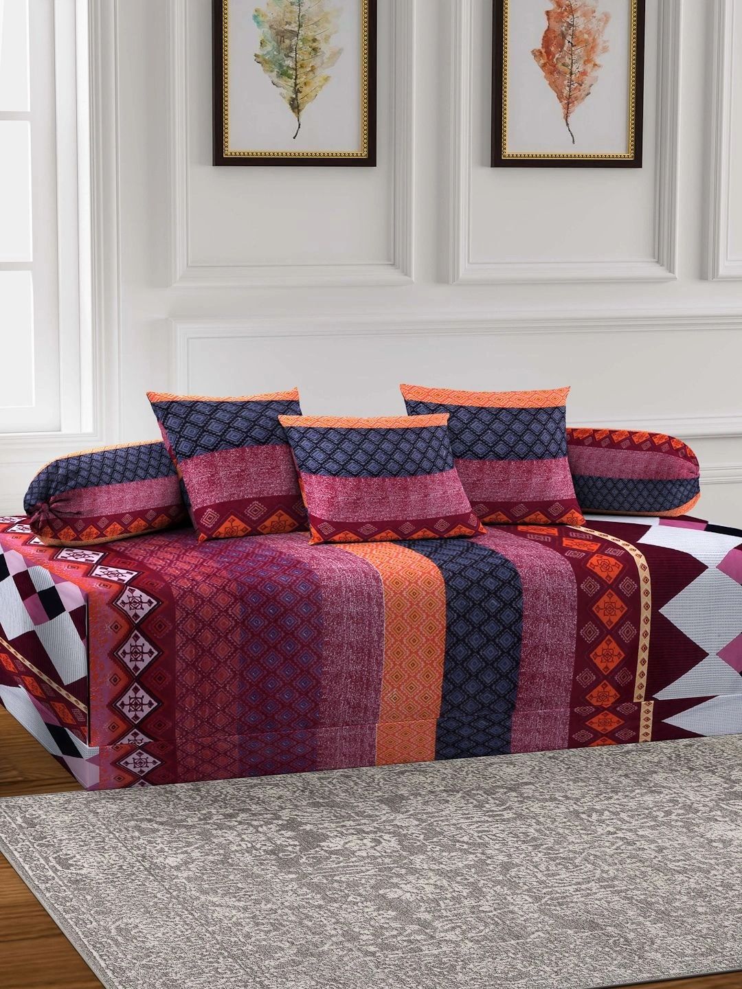 Myntra Elegant Homes 6-Pcs Red & Orange Printed Bedsheet With Bolster & Cushion Covers-picture-23