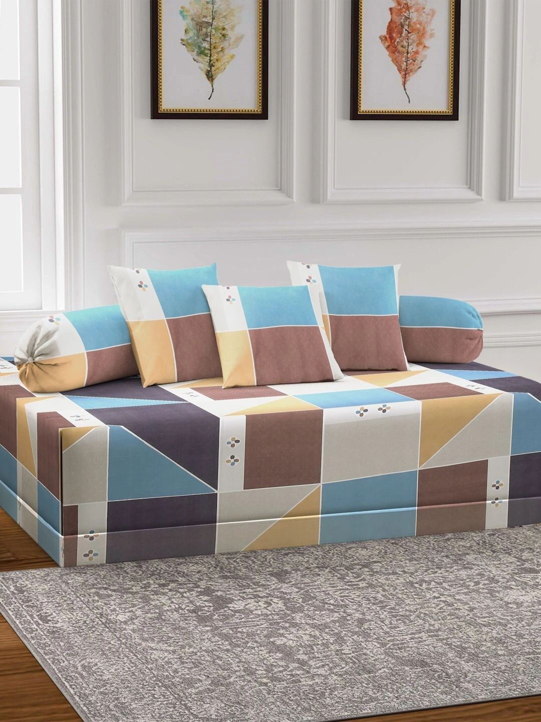 Myntra Elegant Homes 6-Pcs Blue & Brown Printed Bedsheet With Bolster & Cushion Covers-picture-34