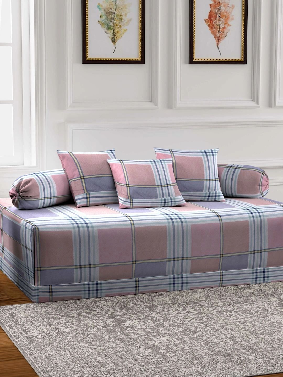Myntra Elegant Homes 6-Pcs Pink & Blue Printed Bedsheet With Bolster & Cushion Covers-picture-19