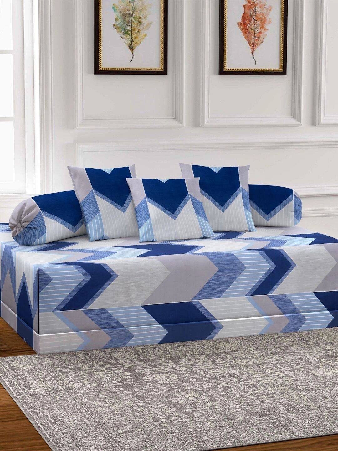 Myntra Elegant Homes 6-Pcs Blue Printed Bedsheet With Bolster & Cushion Covers-picture-19