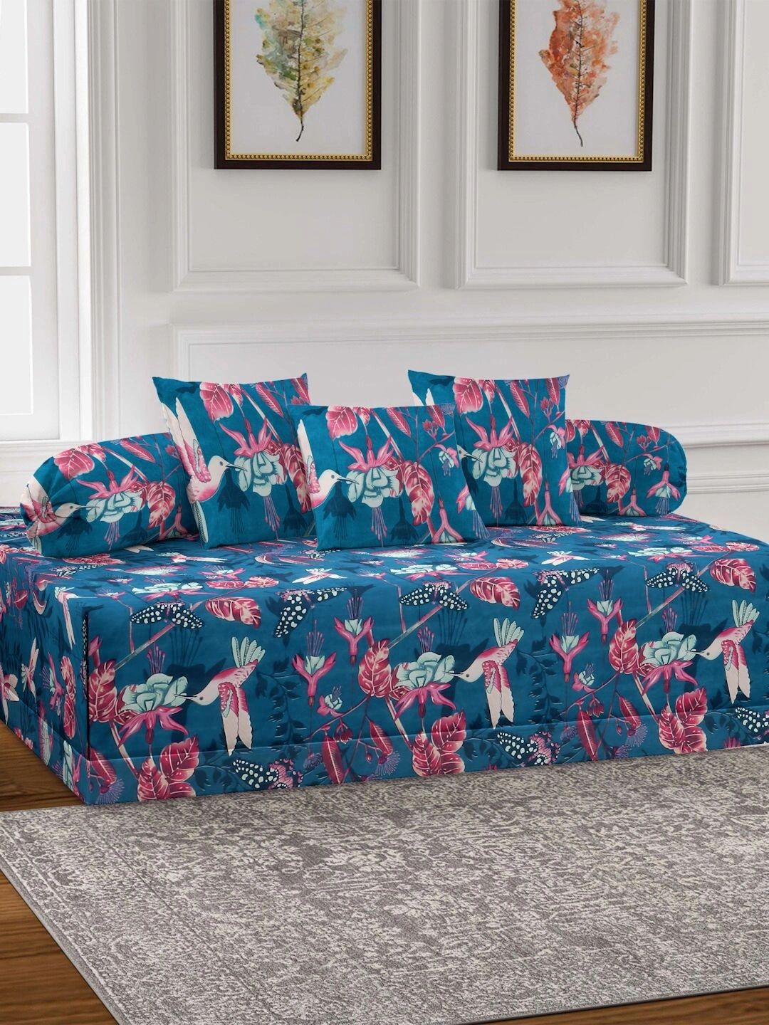 Myntra Elegant Homes 6-Pcs Blue Printed Bedsheet With Bolster & Cushion Covers-picture-18