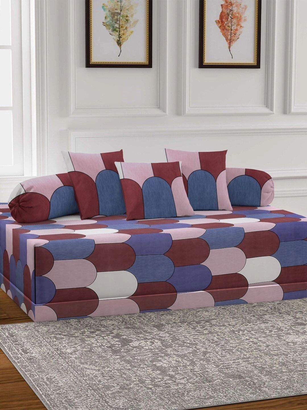 Myntra Elegant Homes 6-Pcs Blue & Maroon Printed Bedsheet With Bolster & Cushion Covers-picture-31