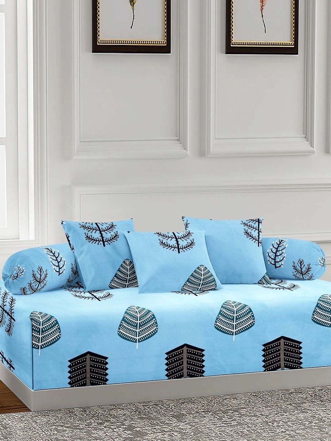 Myntra Elegant Homes 6-Pcs Blue Printed Bedsheet With Bolster & Cushion Covers-picture-13