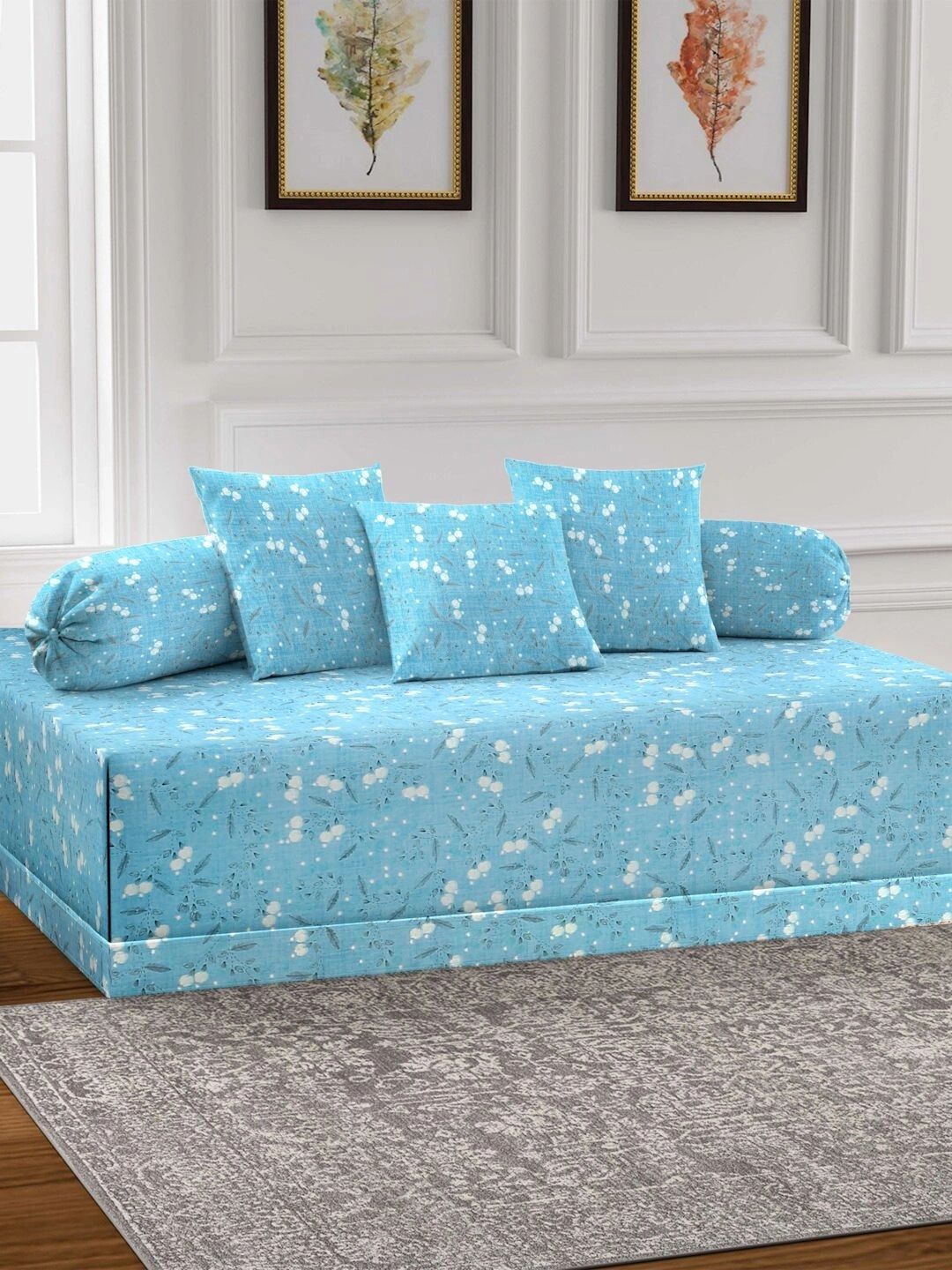 Myntra Elegant Homes 6-Pcs Turquoise-Blue Printed Bedsheet With Bolster & Cushion Covers-image-11