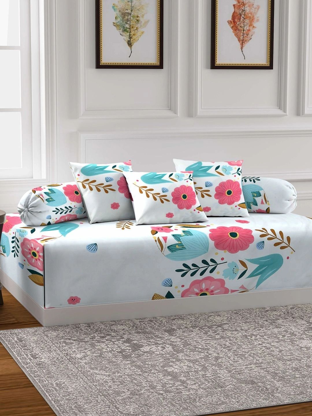 Myntra Elegant Homes 6-Pcs White & Pink Printed Bedsheet With Bolster & Cushion Covers-picture-23