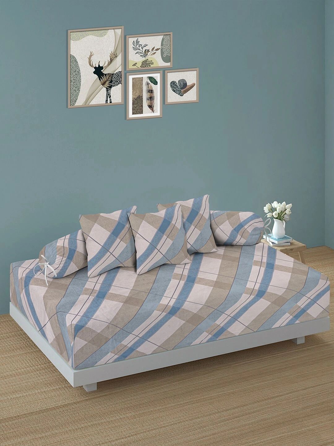Myntra Elegant Homes 6-Pcs Blue Printed Bedsheet With Bolster & Cushion Covers-picture-22