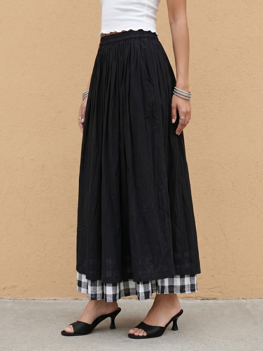 fusion by glitchez Women Pure Cotton Checked Midi Flared Skirt-picture-35