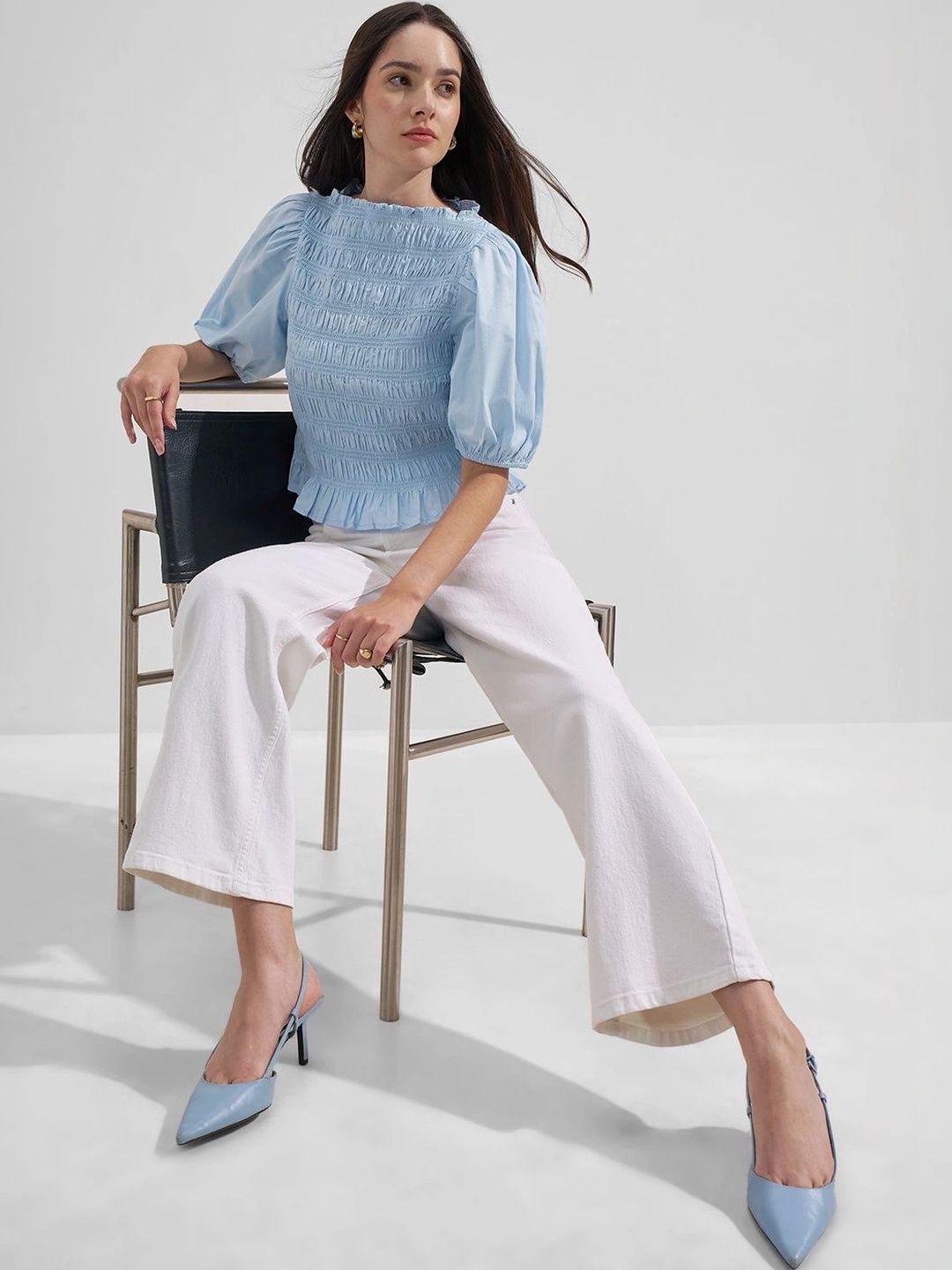 Tokyo Talkies Puff Sleeve Smocked Cotton Top-picture-49