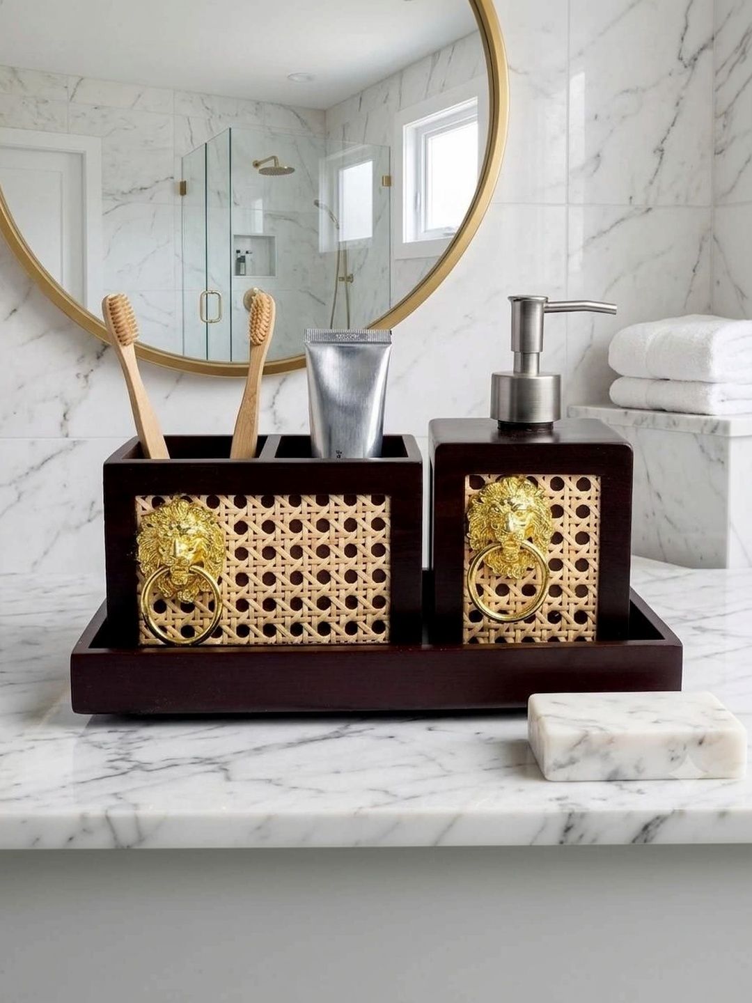 PRET HOMES Brown Textured Wood Bath Accessories Set-picture-40