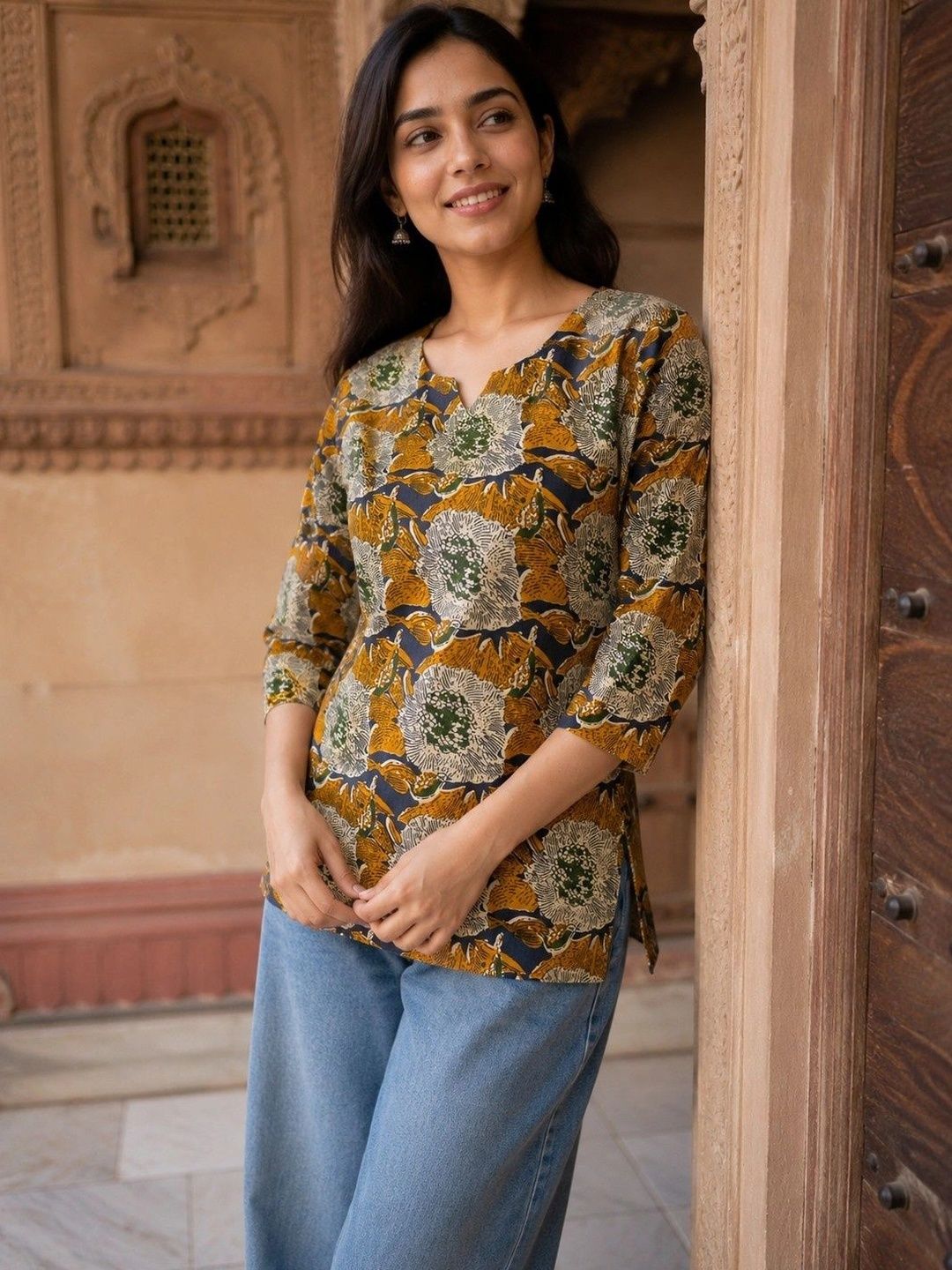all about you Floral Printed V-Neck Pure Cotton Blend Kurti-picture-41
