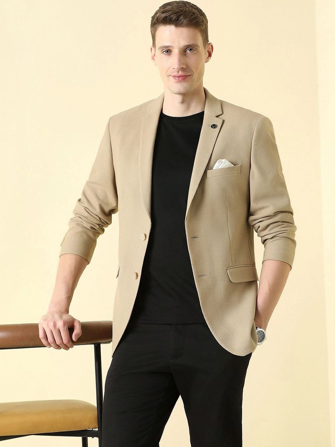 Allen Solly Self Design Notched Lapel Single-Breasted Slim Fit Party Blazers-picture-56