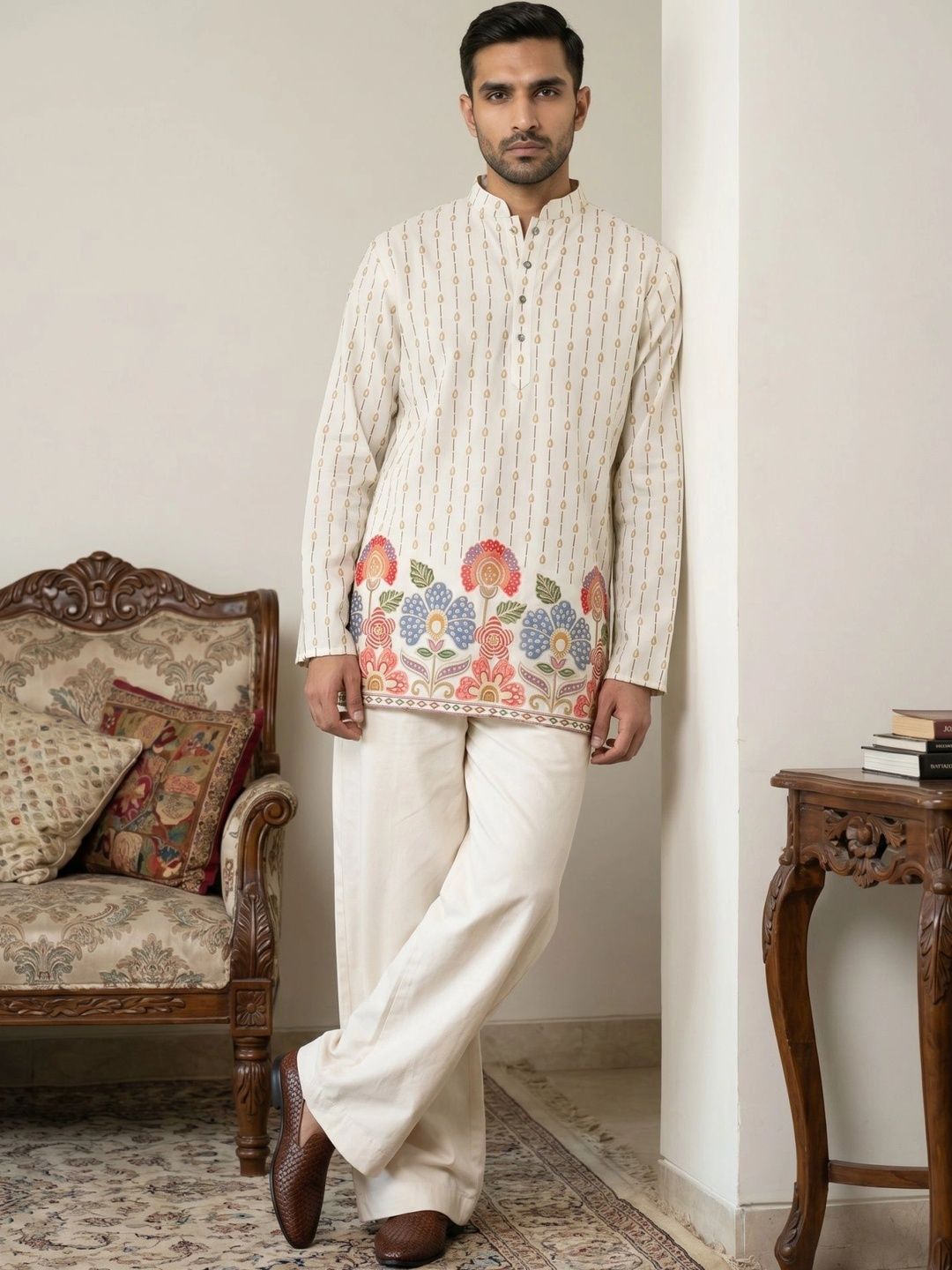 Jompers Men's Floral Printed Kurta with Korean Pants-picture-11