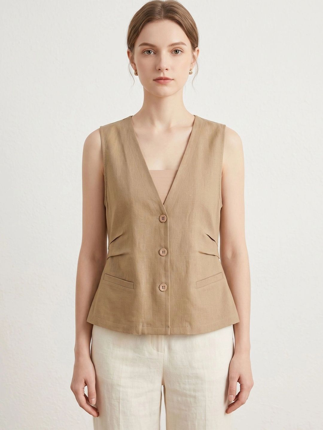 Suo Women Solid V-Neck Woven Design Casual Waistcoat-picture-18