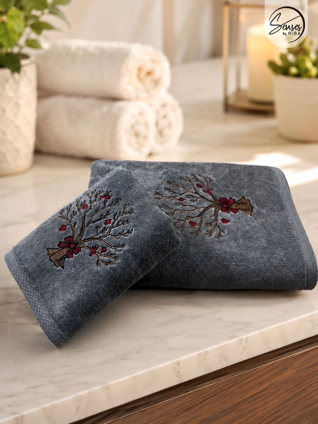 SENSES Grey & Red 2 Piece Cotton 500 GSM Towel Set-picture-44