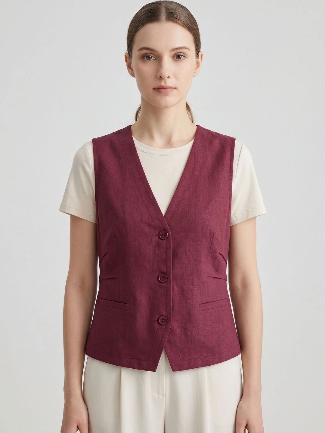 Suo Women Maroon V-Neck Woven Casual Waistcoat-picture-17