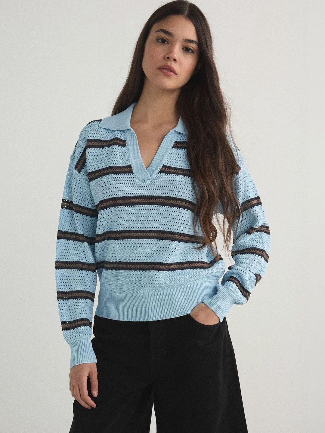NEXT Shirt Collar Striped Knitted Sweatshirt-picture-37