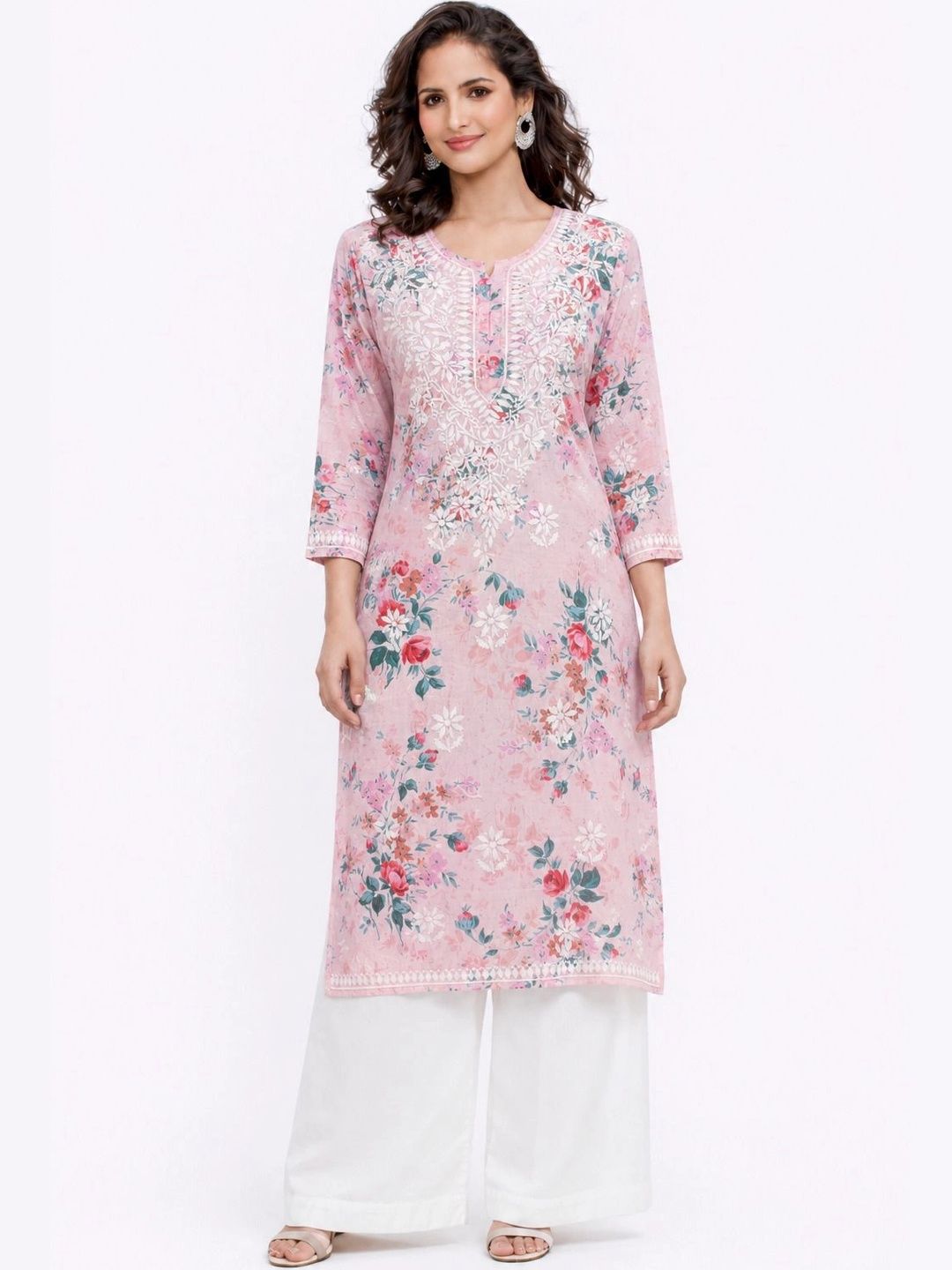 MRS RIGHT Floral Printed V-Neck Chikankari Pure Cotton Chikankari Kurti-image-22