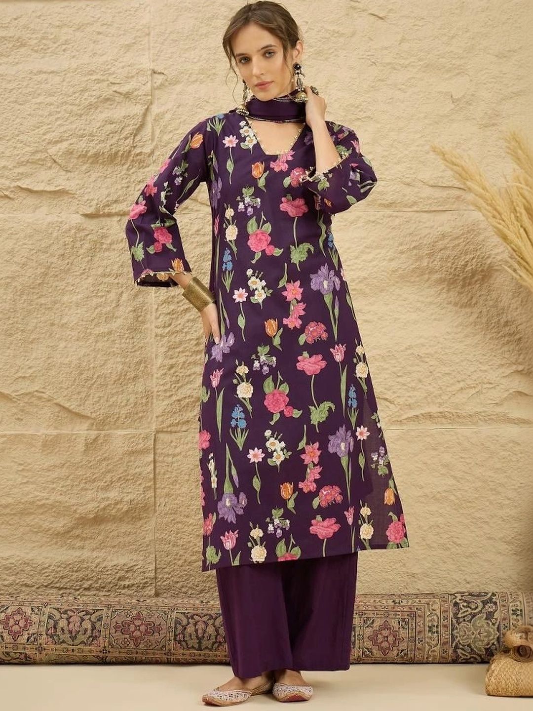 Ethnic Junction Women Floral Printed Regular Pure Cotton Kurta with Palazzos & With Dupatta-picture-35