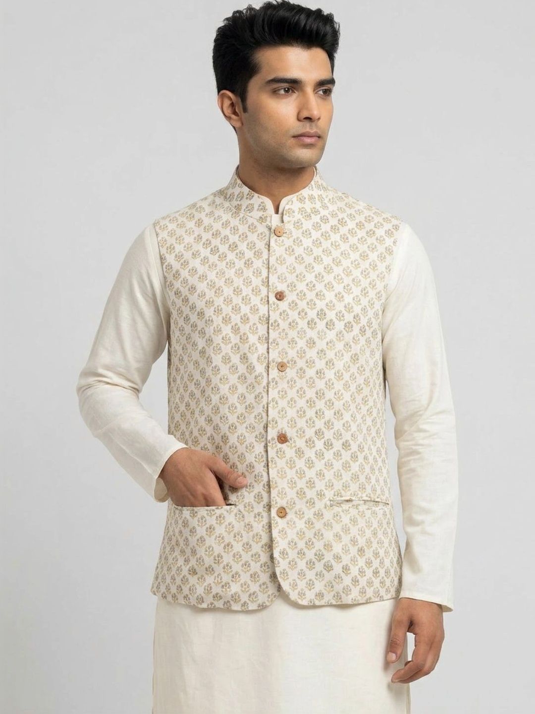 Sanman Ethnix by Raymond Men Floral Open Front Jacket