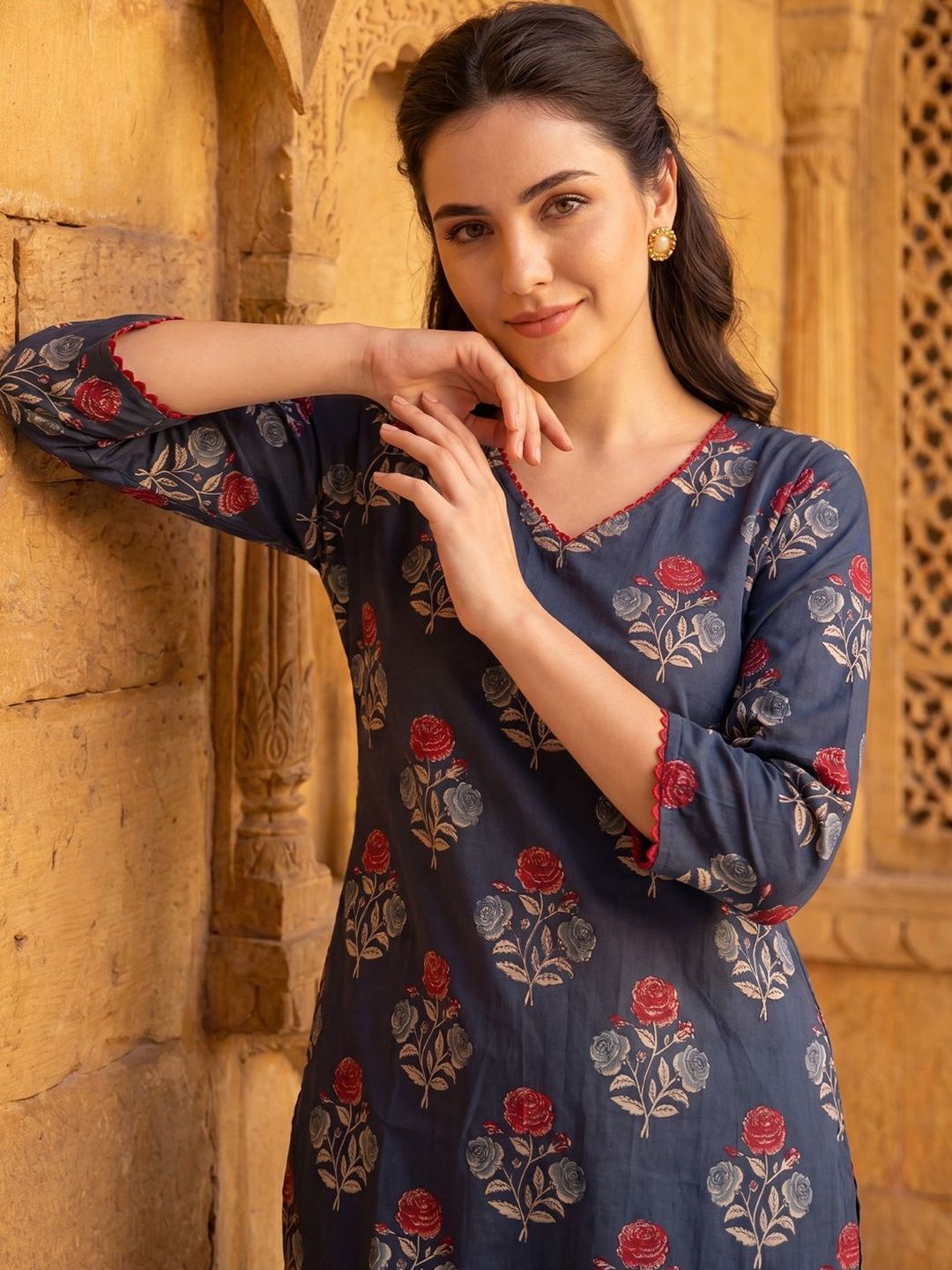 Indo Era Women Floral Printed Regular Pure Cotton Kurta with Trousers-picture-19