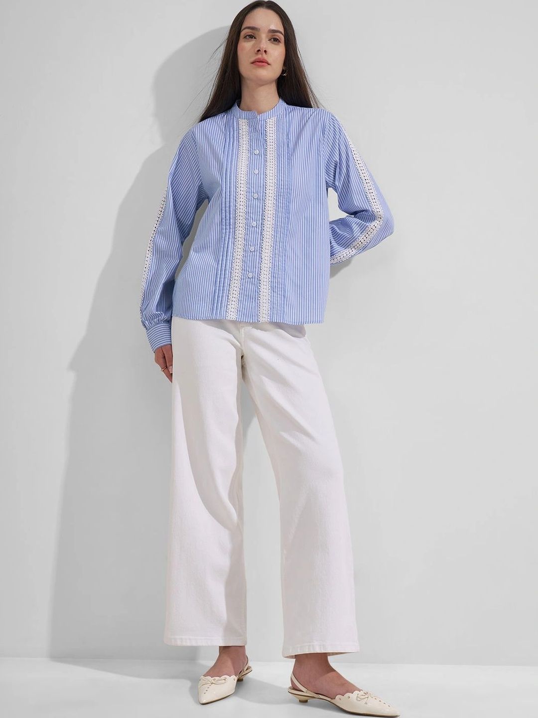Tokyo Talkies Striped Mandarin Collar Cotton Shirt Style Top-picture-33