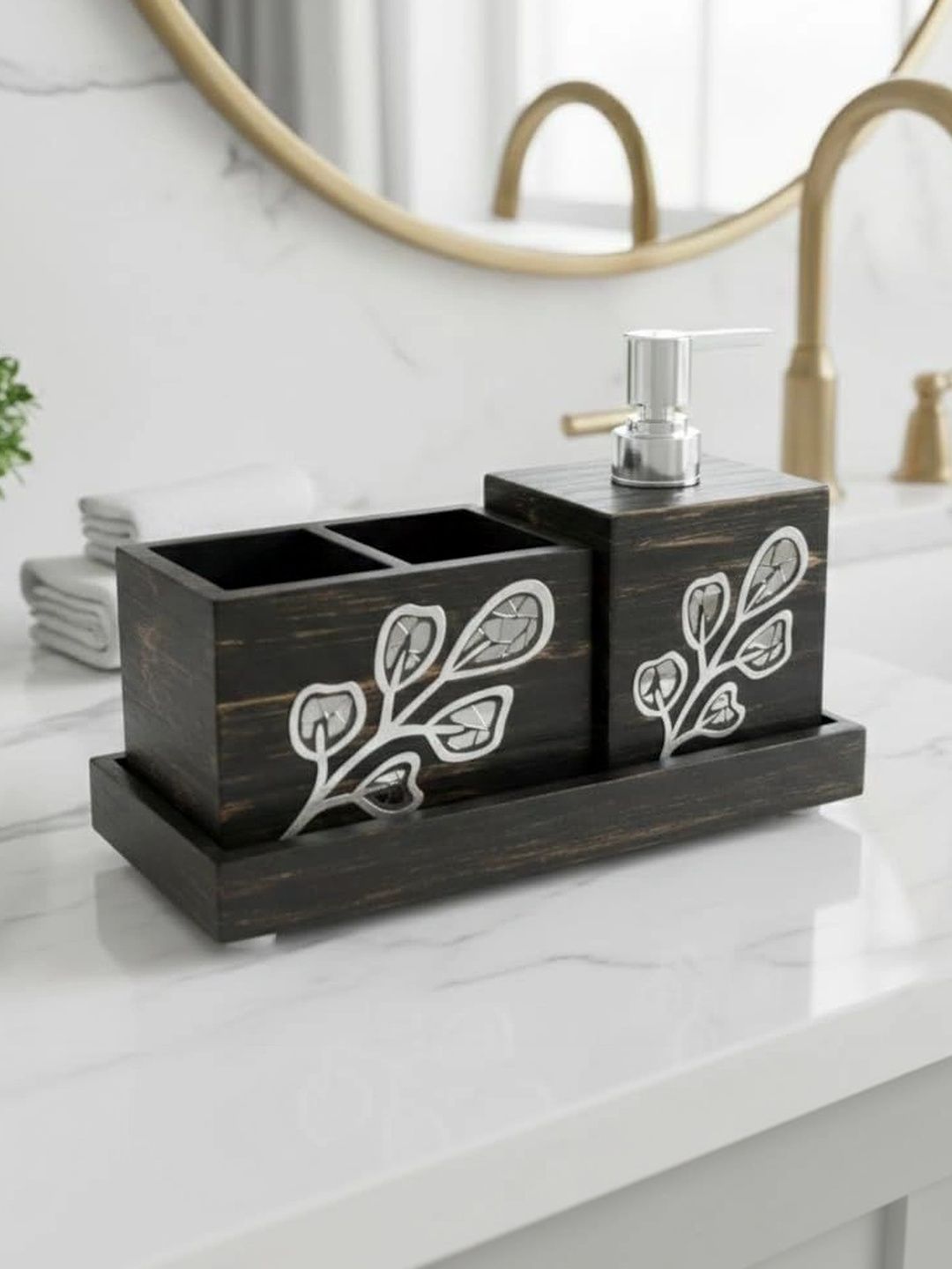 PRET HOMES Black Floral Wood Bath Accessories Set-picture-46