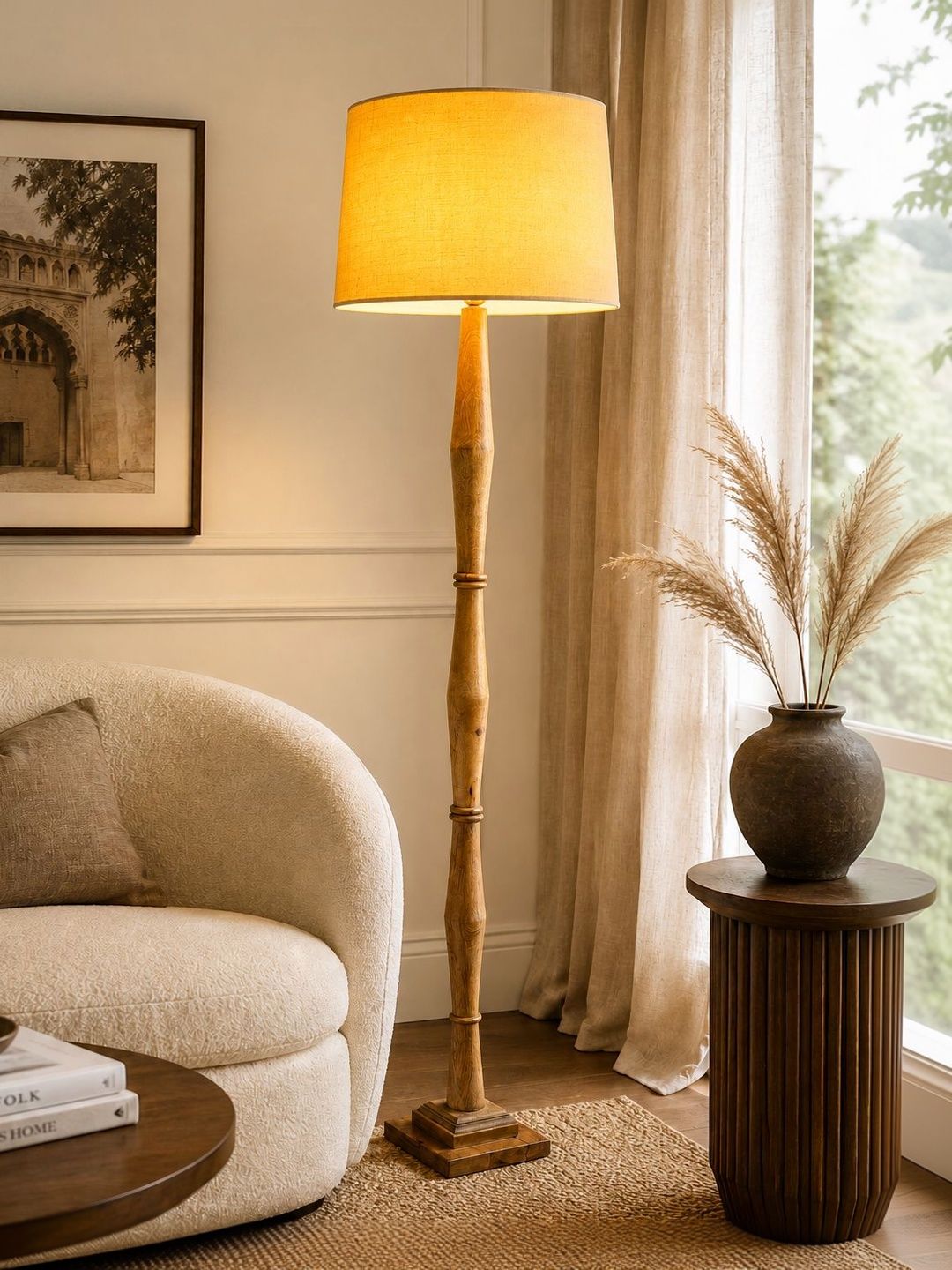 Glowhere Brown & Yellow Wood Cylinder Floor Lamps-image-14
