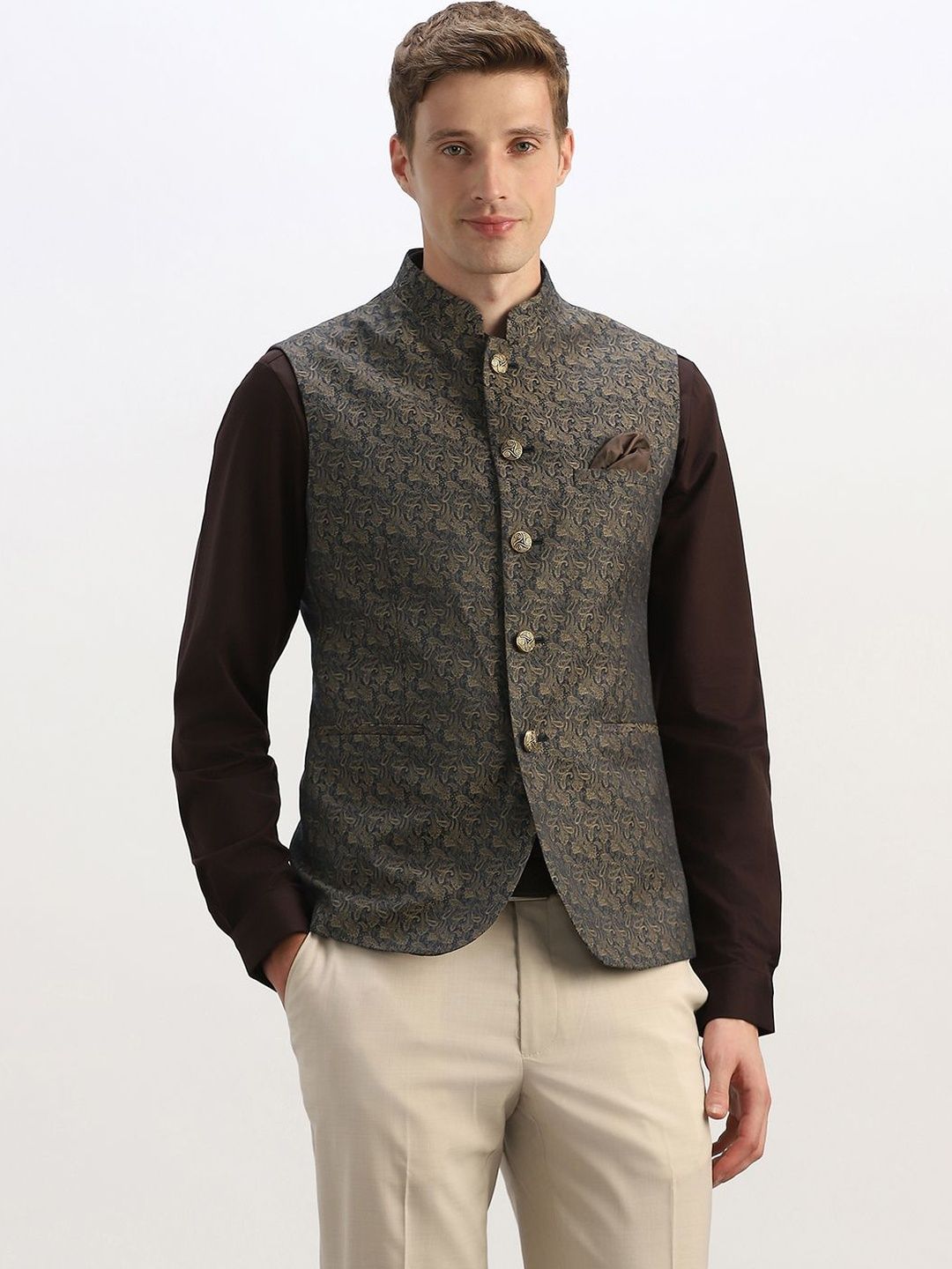 Allen Solly Textured Mandarin Collar Nehru Jackets-picture-36
