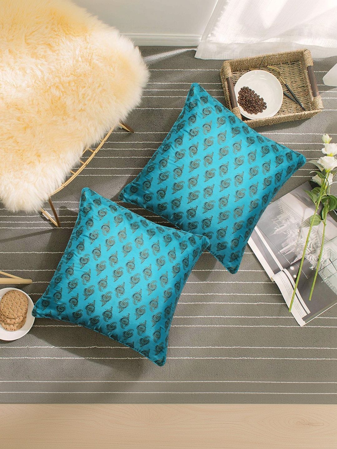 BELLA CASA Teal & Multicoloured Set of 2 Ethnic Motifs Square Cushion Covers-picture-36