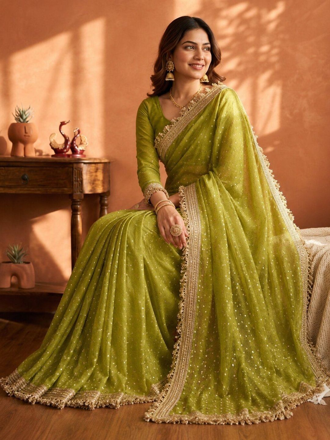 M.G.A.G Woven Design Sequinned Poly Chiffon Heavy Work Saree-image-36