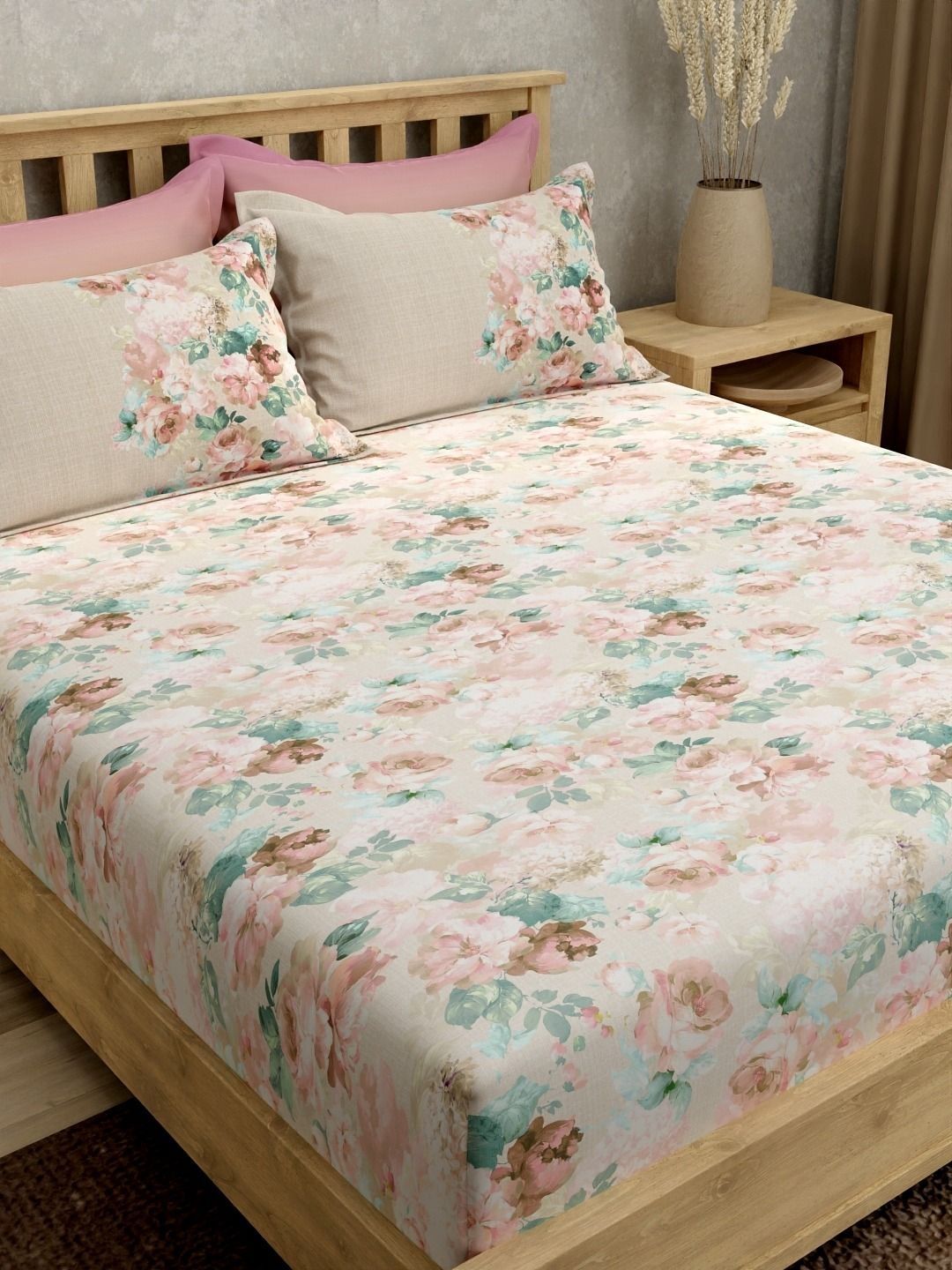 Portico Multicoloured Floral 300 TC Bedsheet with 4 Pillow Covers-image-42