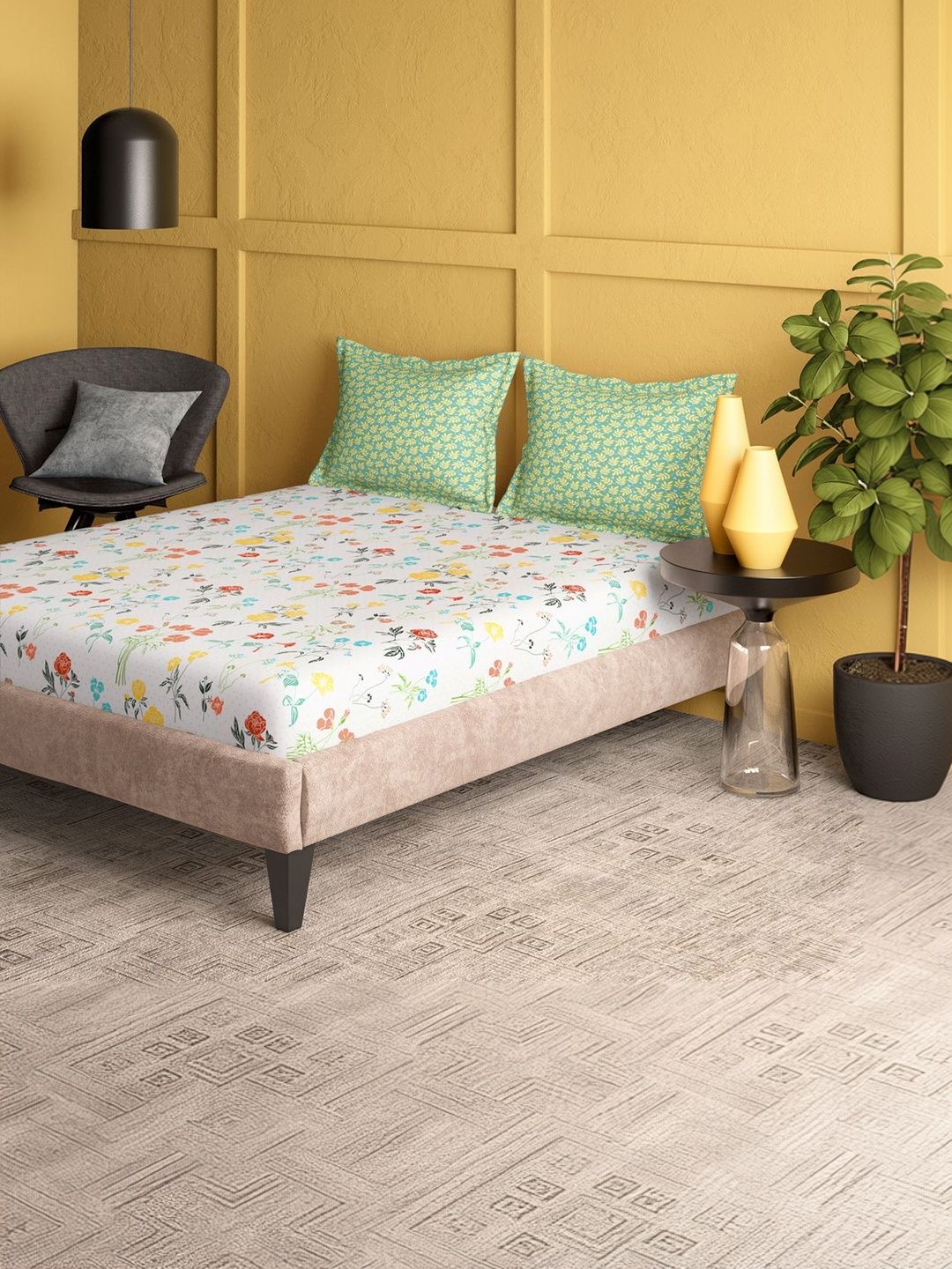 Portico Marvella 144 TC Pure Cotton White & Green Super King Bedsheet with 2 Pillow Covers-image-34