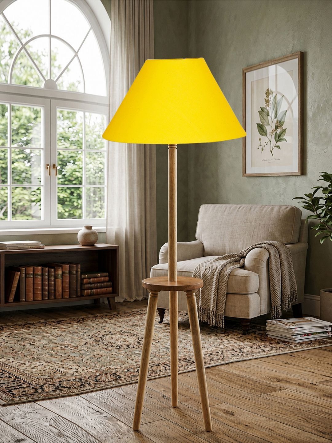 Myntra Elegant Homes Yellow & Beige Wooden Shelf Floor Lamp-image-26