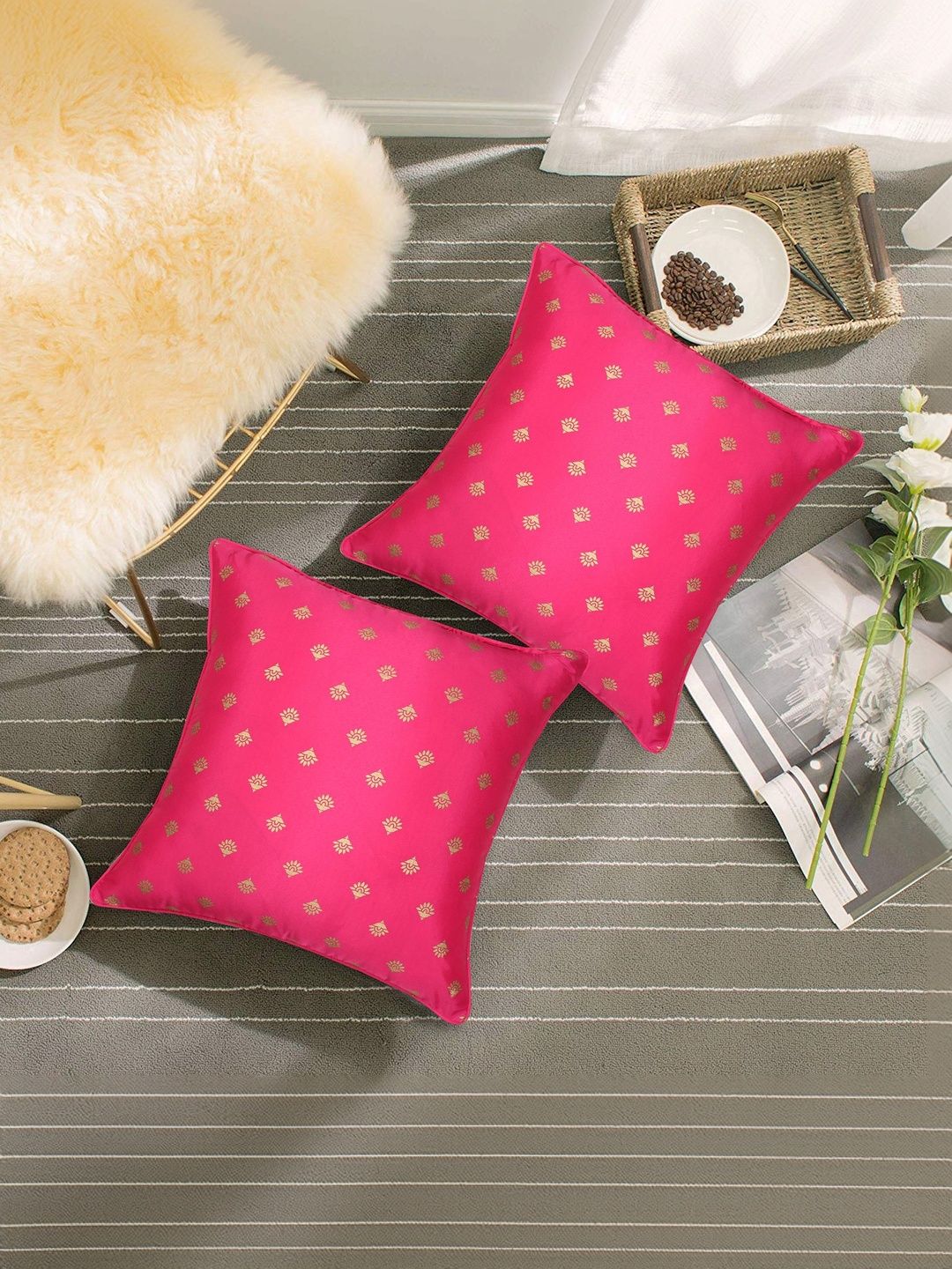 BELLA CASA Pink & Gold-Toned Set of 2 Ethnic Motifs Square Cushion Covers-picture-52