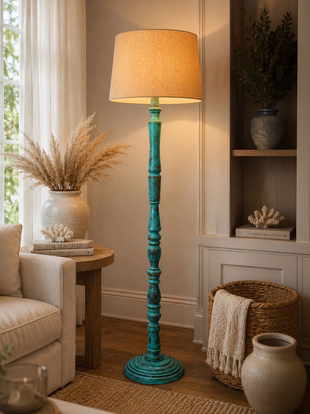 Glowhere Turquoise Blue & Yellow Wood Cylinder Floor Lamps-picture-14