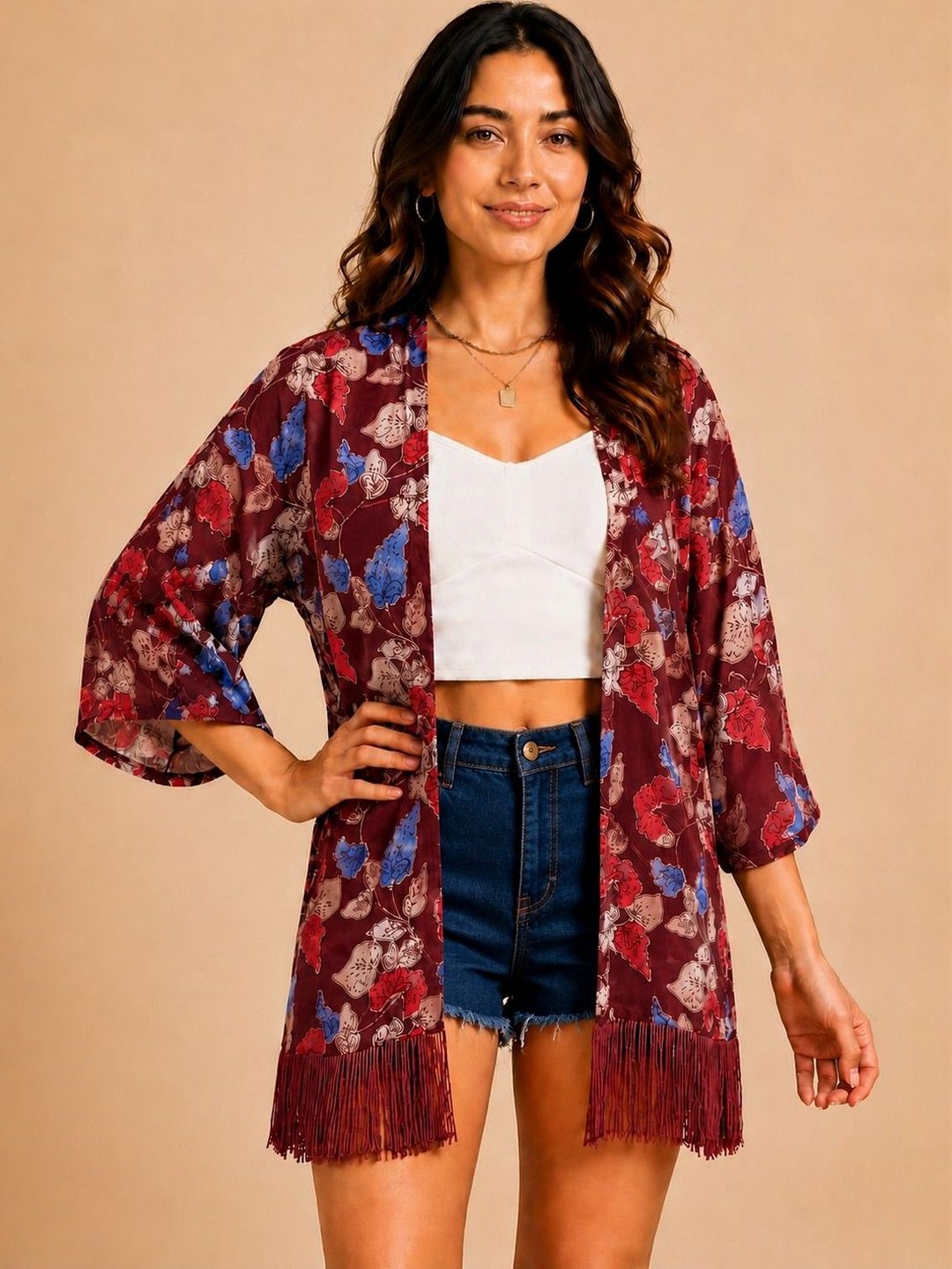 ROSEMELON Women Printed Tasselled Shrug-image-32