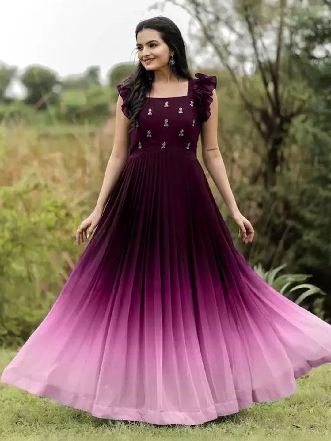 Sangria Embroidered Square Neck Maxi Ethnic Dress-image-48