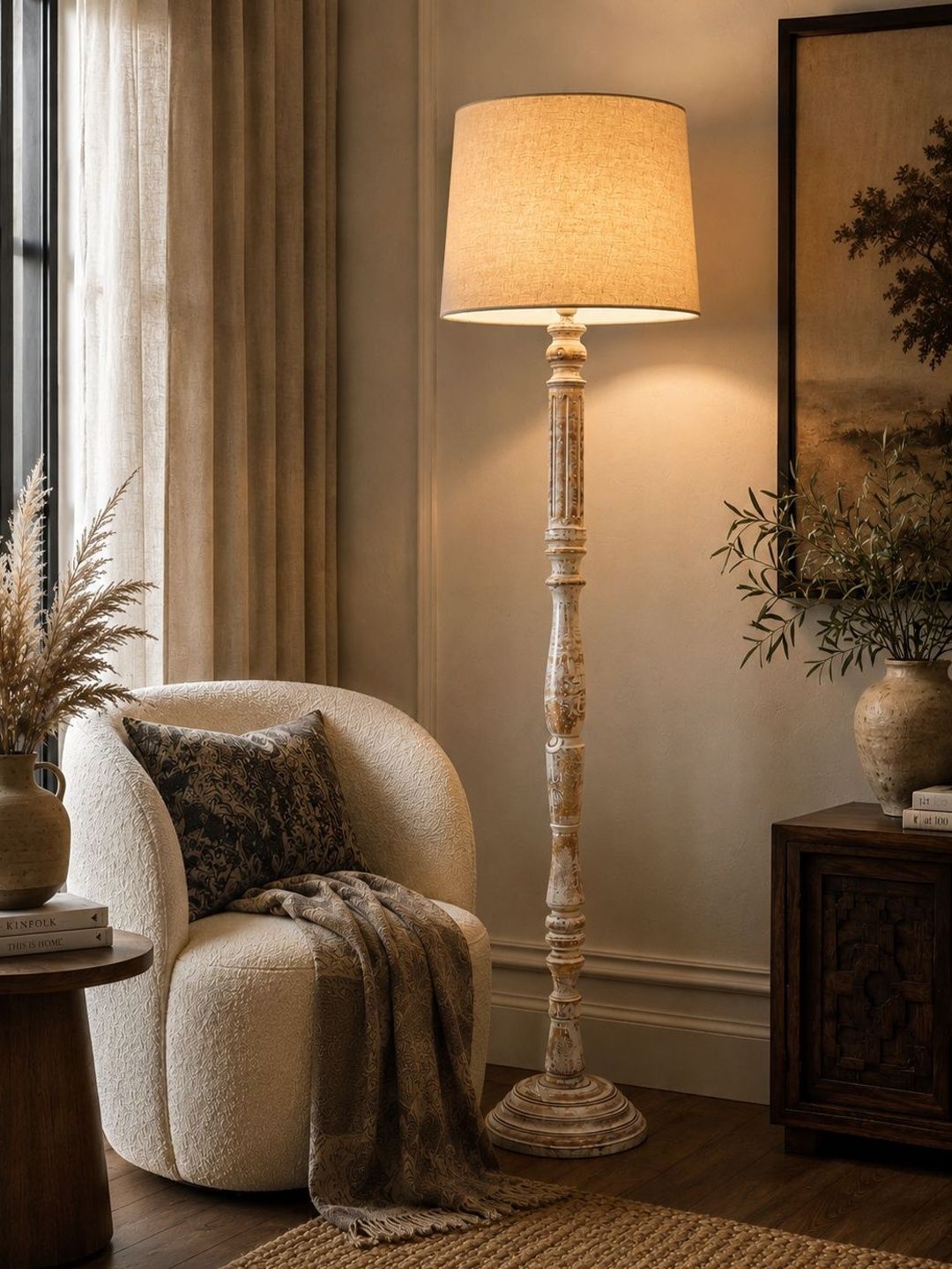 Glowhere Beige & Yellow Wood Cylinder Floor Lamps-image-18